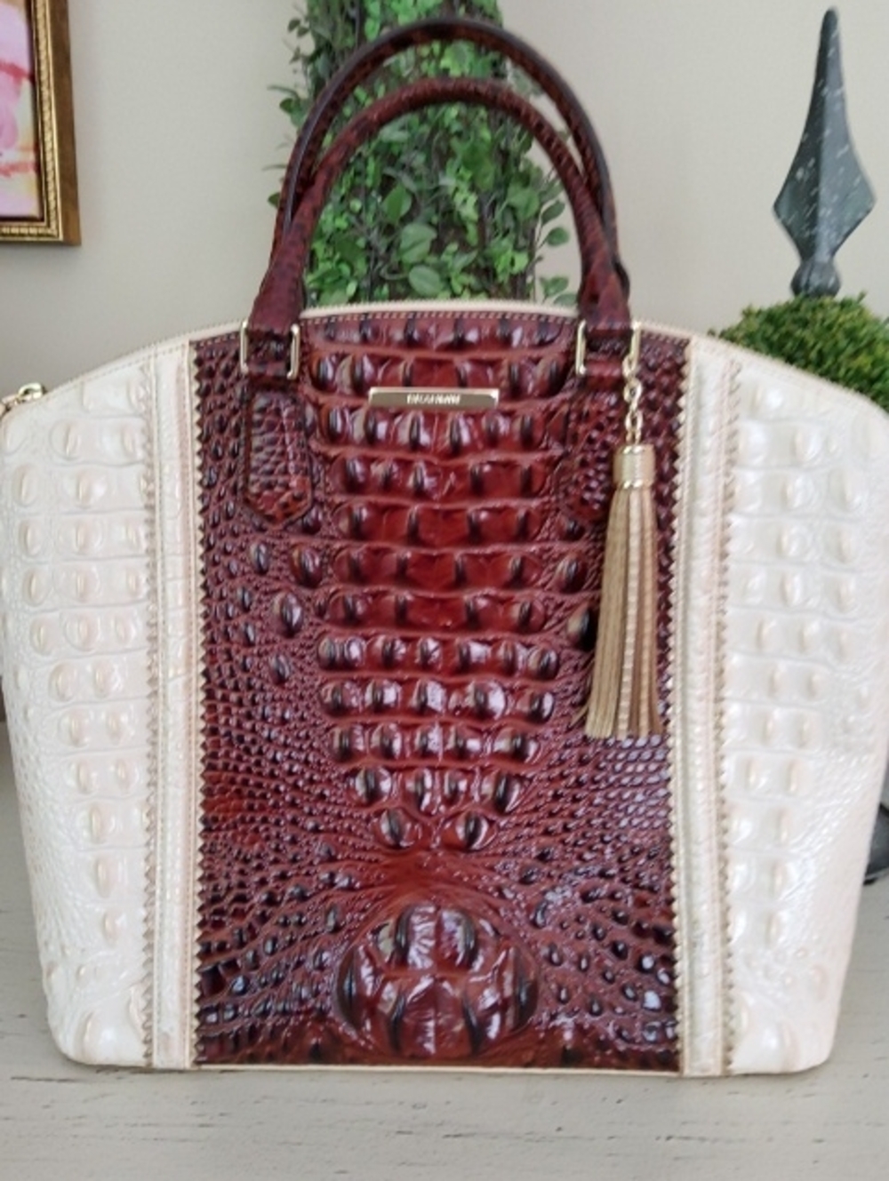 Brahmin Two-Tone Croco-Embossed Handbag in Pecan and Cream